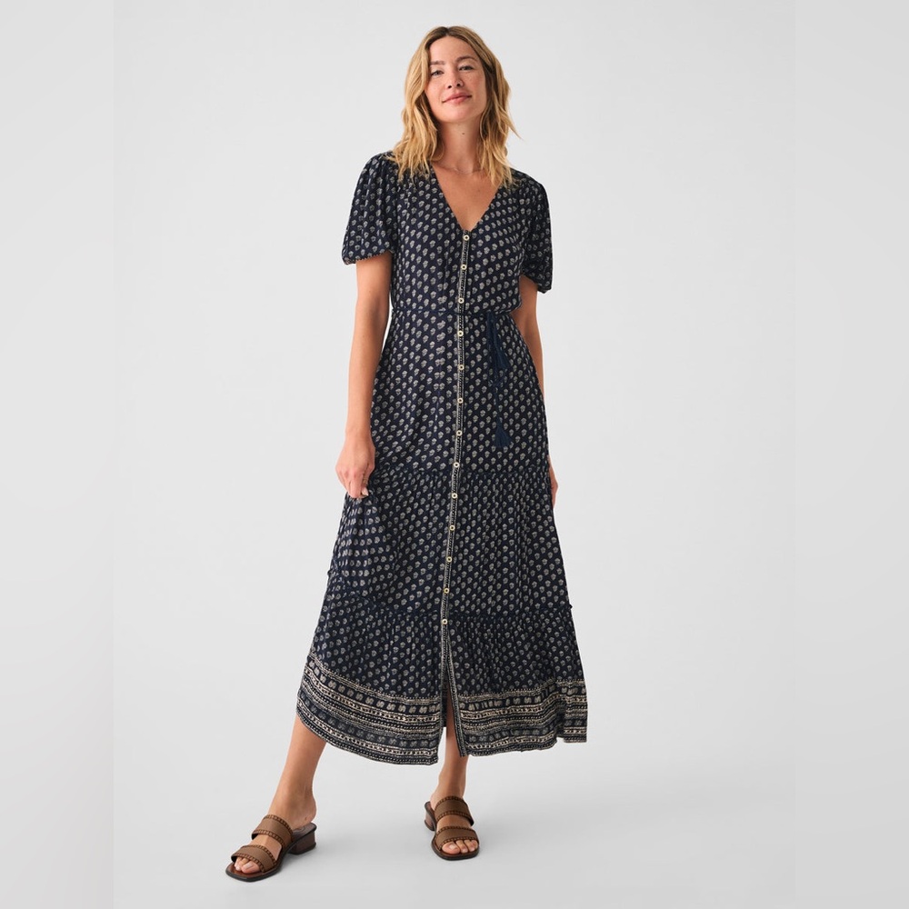 Faherty Navy Printed Button-Front Maxi Dress
